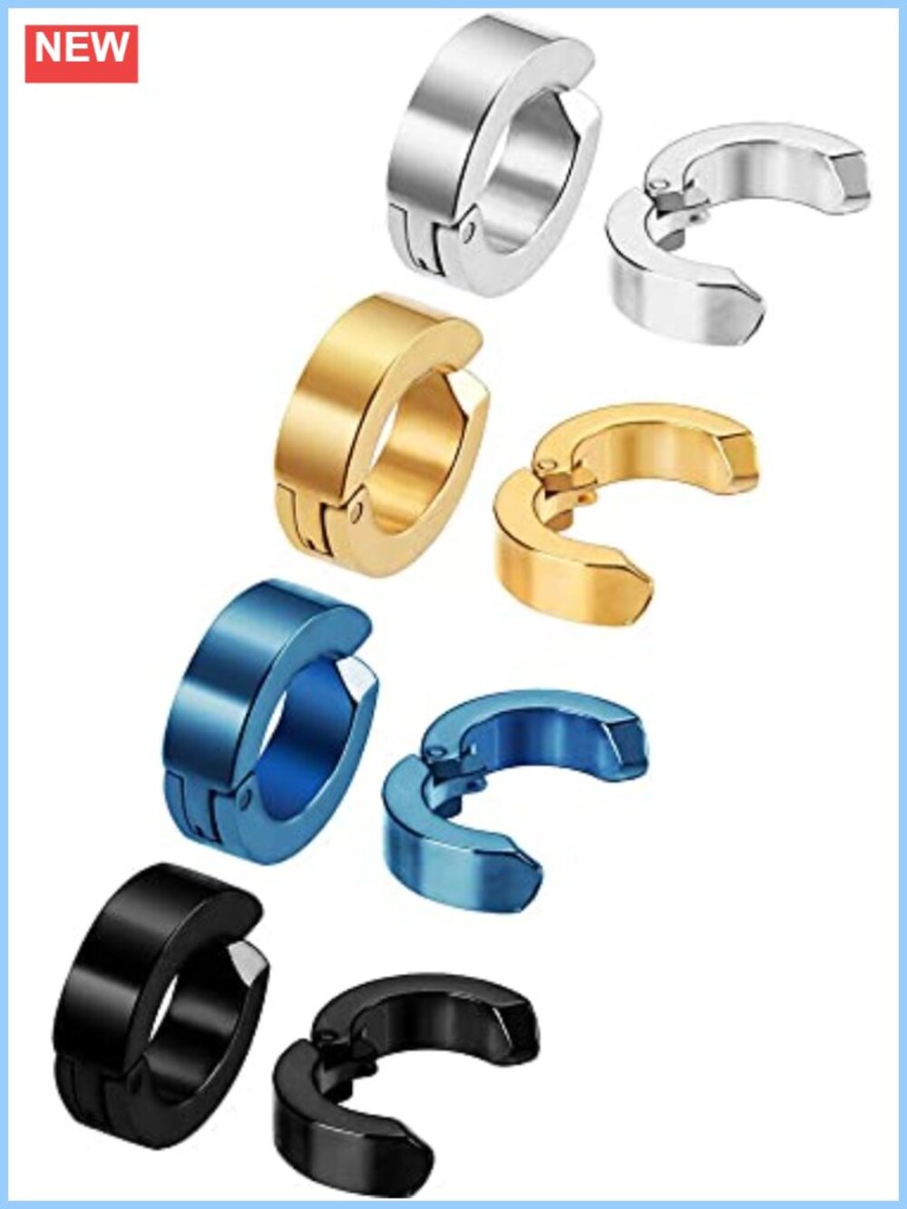 Stainless Steel Clip On Hoop Earrings Huggie Set of 8